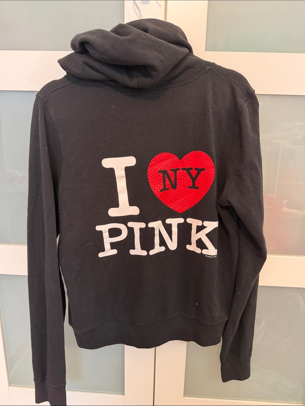 PINK Victoria's Secret Black Hoodie with Red Heart NY Logo bedazzled